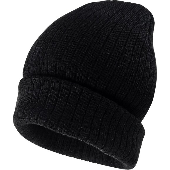 Warm Unisex Knit Beanie Hat - Stretchable Cuffed Skull Cap in Ribbed Black - Picture 2 of 6
